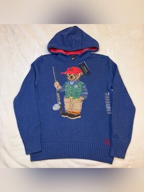 Polo Ralph Lauren FISHING Bear Cotton Knit BLUE HOODIE Sweater Boys Kids Large
